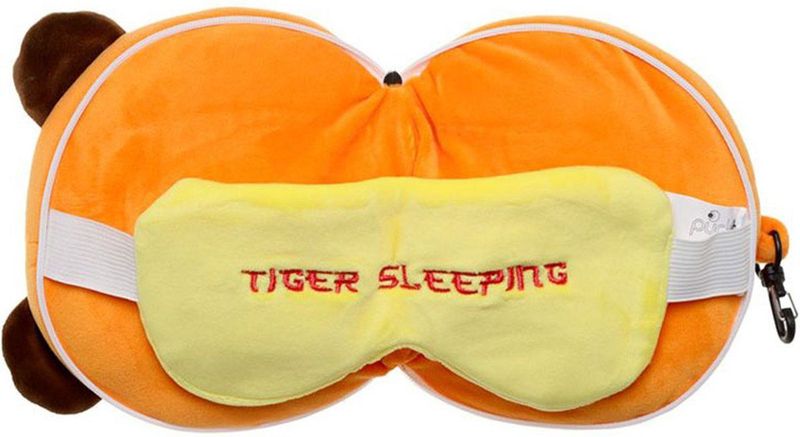 Relaxeazzz Tijger knuffel/reiskussen/slaapmasker - 2-in-1 set - voor kinderen- in vliegtuig of auto