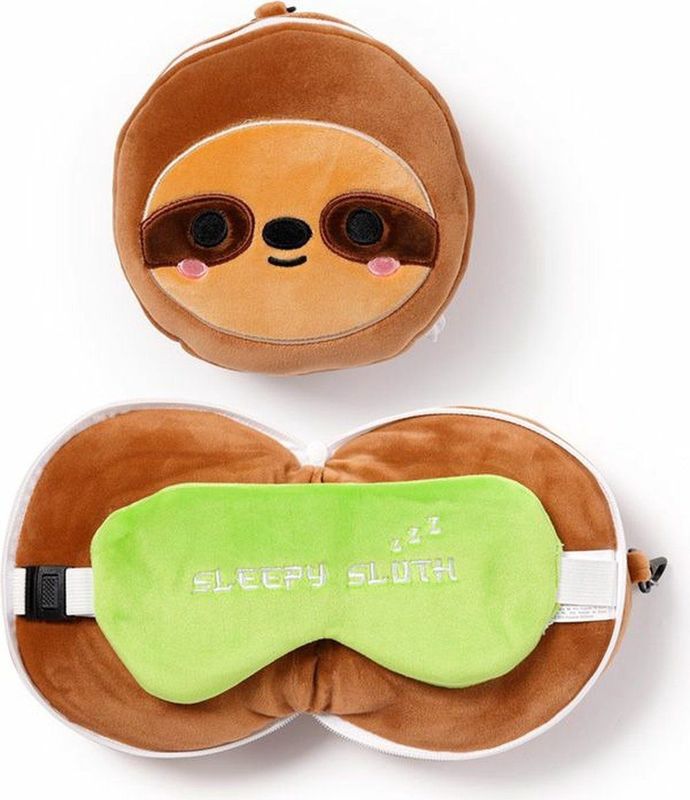 Relaxeazzz Luiaard knuffel/reiskussen/slaapmasker - 2-in-1 set - voor kinderen- in vliegtuig of auto