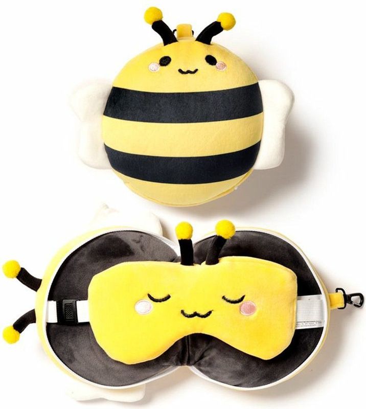 Relaxeazzz Bij knuffel/reiskussen/slaapmasker - 2-in-1 set - voor kinderen- in vliegtuig of auto