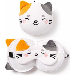 Relaxeazzz - Lola de Kat - Reiskussen en Slaapmasker Set - Wit - Polyester