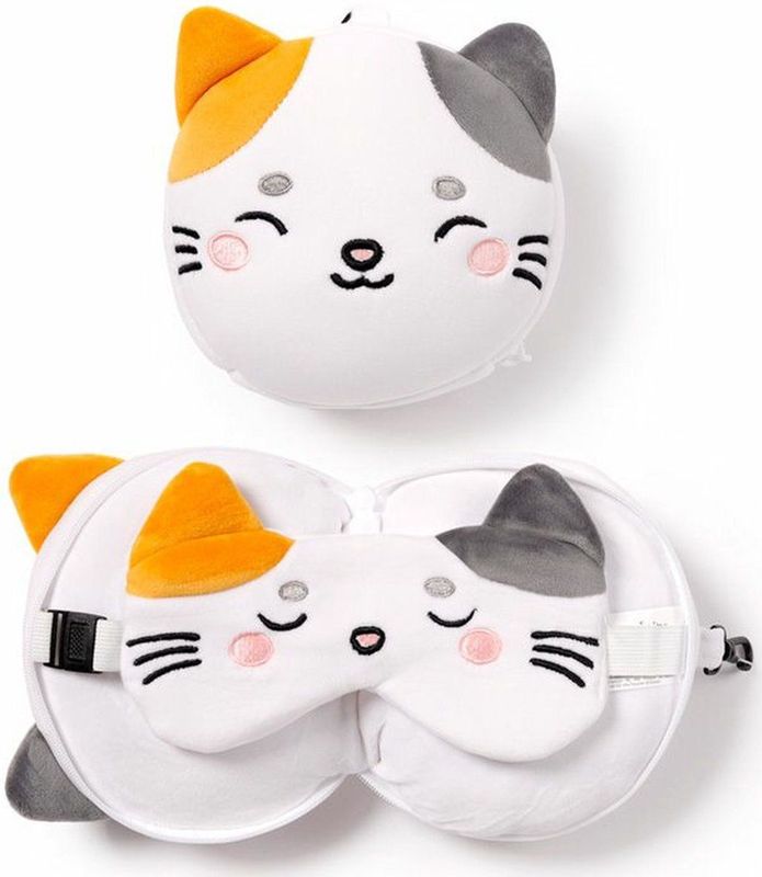 Relaxeazzz - Lola de Kat - Reiskussen en Slaapmasker Set - Wit - Polyester