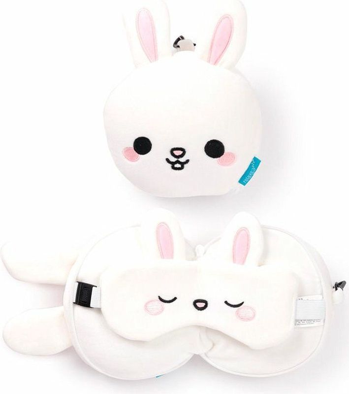 Relaxeazzz Frances het Konijn knuffel/reiskussen/slaapmasker - 2-in-1 set - voor kinderen- in vliegtuig of auto