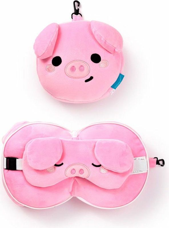 Relaxeazzz Oliver het Varken knuffel/reiskussen/slaapmasker - 2-in-1 set - voor kinderen- in vliegtuig of auto