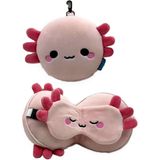 Relaxeazzz Maddie de Axolotl knuffel/reiskussen/slaapmasker - 2-in-1 set - voor kinderen- in vliegtuig of auto