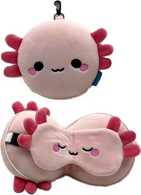 Relaxeazzz Maddie de Axolotl knuffel/reiskussen/slaapmasker - 2-in-1 set - voor kinderen- in vliegtuig of auto