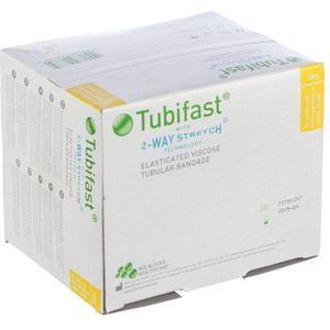 Tubifast 2-way stretch elastisch buisverband Geel (10M x 10,75CM) Mölnlycke - Wit (Rood, Groen, Blauw, Geel, Paars) - 92% viscose, 5% elasthaan en 3% polyamide - In lengte en breedte elastisch