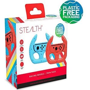 Roues de course STEALTH pour manettes Joy-Con Nintendo Switch en bleu et rouge - Pack double noir, avec poignées pour bâtons analogiques