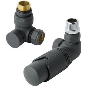 Eastbrook Valve radiator aansluitset haaks gedraaid met thermostaat 15mm antraciet mat