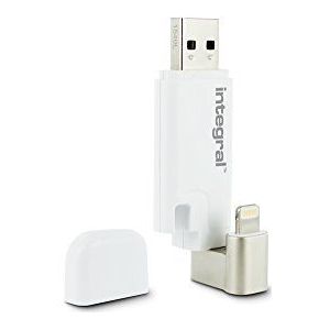 Integral 64GB USB3.0 DRIVE LIGHTNING USB ISHUTTLE WHITE DUAL CONNECTOR, 64 GB, USB Type-A / Lightning, 3.2 Gen 1 (3.1 Gen 1), 60 MB/s, Drehring, Silber, Weiß