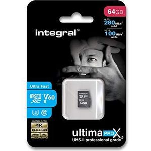 Integral - Micro SD XC 64 GB, UltimaPro X2 geheugenkaart, zeer hoge snelheid tot 280 MB/s, voor video-opname 4K, 8K, 360, 3D, klasse 10, UHS-II, U3, V60 + SD-adapter