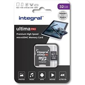 Integral Geheugenkaart, 32 GB, MicroSDHC UltimaPro, hoge snelheid, tot 100 MB/s, klasse 10, V30, UHS1, U3, A1-goedgekeurd, SD-adapter