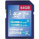 Integral Memory geheugenkaart SD xC 64 GB, UltimaPro X2, Ultra High Speed tot 260 MB/s lezen, 100 MB/s schrijven, voor video-opnames 4 K, 8 K, 360, 3D, klasse 10, UHS-II, U3, V60, by Integral Memory