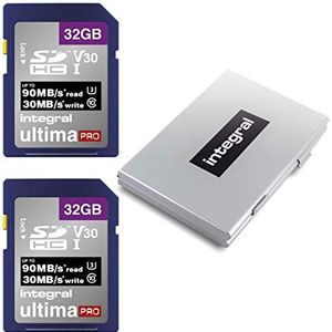 Integral 32 GB SD-kaart van 2 stuks met een metalen beschermhoes met 6 sleuven - 4K Ultra-HD-video van topkwaliteit met hoge snelheid tot 90 MB/s leessnelheid - SDHC V30 UHS-I U3 SD-geheugenkaart klasse 10, dubbele verpakking