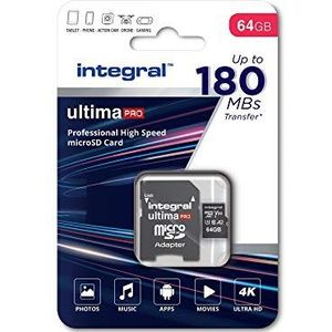 Geheugenkaart 64 GB microSDxC UltimaPro, zeer hoge snelheid tot 180 MB/s lezen, 80 MB/s schrijven, klasse 10, V30, UHS1, U3, A2, + SD-adapter van Integral Memory