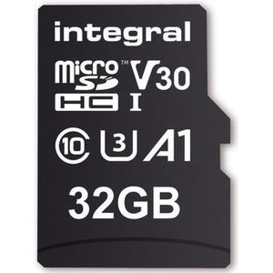 Geheugenkaart 32 GB microSDxC Premium High Speed tot 100 MB/s lezen, 30 MB/s schrijven, V30 UHS-I U3 + SD-adapter, by Integral Memory