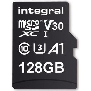 Geheugenkaart 128 GB microSDxC Premium High Speed tot 100 MB/s lezen, 45 MB/s schrijven, V30 UHS-I U3 + SD-adapter, by Integral Memory