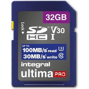 32 GB SDxC premium geheugenkaart zeer hoge snelheid tot 100 MB/s lezen, 30 MB/s schrijven, klasse 10 V30 UHS-I U3, by Integral Memory