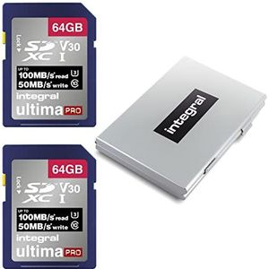 Integral 64 GB 2-pack SD-kaart met 6 sleuven beschermende metalen kaarthouder - 4K Ultra-HD Video Premium High Speed tot 100MB/s leessnelheid - SDXC V30 UHS-I U3 Class 10 SD-geheugenkaart