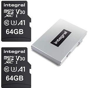 Integrale 64 GB 2-pack Micro SD-kaart met een 12 Slot Beschermend Metalen Kaarthoesje - 4K Ultra-HD Video Premium High Speed Tot 100 MB/s Leessnelheid - Microsdxc V30 UHS-I U3 C10 A1