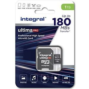 Integral 1 TB micro-SD-kaart, 4K videoleessnelheid, 180 MB/s, schrijfsnelheid: 150 MB/s, MicroSDXC A2 C10 U3 UHS-I 180-V30, onze snelste Micro SD-geheugenkaart ooit gezien