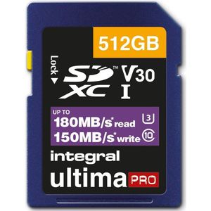 Integral INSDX512G-180/150V30 512GB SD-kaart 4K Video Leessnelheid 180MB/s en schrijfsnelheid 150MB/s SDXC V30 U3 180-V30 Onze snelste ooit High Speed SD-geheugenkaart