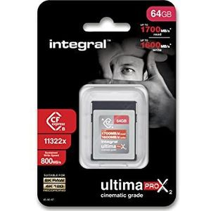 Integral 64 GB CFexpress Geheugenkaart Type B 2.0 8K RAW en 4K 120 FPS 1700MB/s Lezen 1600MB/s Schrijfsnelheid Ontworpen voor de Cinematograaf en Professionele Fotograaf