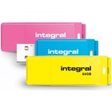 Integral 64GB TRIPLE USB2.0 DRIVE NEON PINK BLUE YELLOW USB flash drive USB Type-A 2.0 Roze, Blauw, Geel