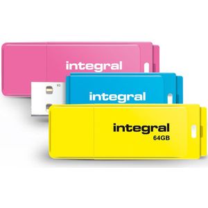 Integral 64GB TRIPLE USB2.0 DRIVE NEON PINK BLUE YELLOW USB flash drive USB Type-A 2.0 Roze, Blauw, Geel