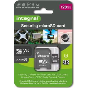 Integral 128 GB Micro SD-beveiligingskaart voor dashcams, home cams, CCTV, body cams en drones. Lange levensduur en betrouwbare opname elke keer met een hoog uithoudingsvermogen