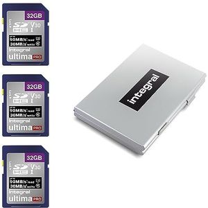 Integral 32 GB 3-pack SD-kaart met 6 sleuven beschermende metalen kaarthouder - 4K Ultra-HD-video Premium hoge snelheid tot 90 MB/s leessnelheid - SDHC V30 UHS-I U3 klasse 10 SD-geheugenkaart Triple