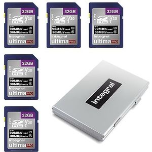Integral 32 GB SD-kaart in een 6-sleufs beschermende metalen SD-kaarthouder - 4K Ultra-HD Video Premium High Speed 90MB/s leessnelheid en 30MB/s schrijfsnelheid - SDHC V30 UHS-I U3 Class 10