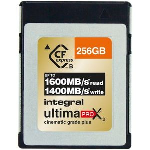 Integral 256 GB CFexpress geheugenkaart Type B 2.0 12K en 8K RAW en 8K 120 Ontworpen voor geavanceerde filmische en DSLR-camera's die een hoge aanhoudende schrijfsnelheid van minimaal 1400MB vereisen