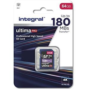 Integral SDXC V30 U3 SD-geheugenkaart 64 GB 4K videoleessnelheid 180MB/s en schrijfsnelheid 45MB/s