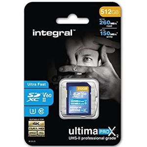 Integral Geheugenkaart 512 GB UHS-II SD V60 tot 260 MB/s lezen en 150 MB/s schrijven, professionele SDXC-geheugenkaart met hoge snelheid