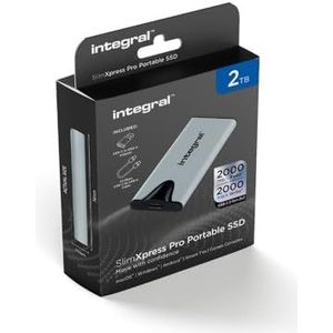 Integral SlimXpress Pro 2TB draagbare SSD: 2000MB/s lezen/schrijven, USB 3.2 Gen 2x2, compacte zilveren aluminium behuizing, Plug & Play. Compatibel met Mac, PC, Android, XBOX, PlayStation