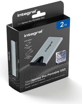 Integral SlimXpress Pro 2TB draagbare SSD: 2000MB/s lezen/schrijven, USB 3.2 Gen 2x2, compacte zilveren aluminium behuizing, Plug & Play. Compatibel met Mac, PC, Android, XBOX, PlayStation