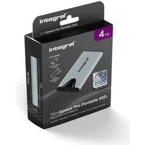 Integral SlimXpress Pro 4TB externe draagbare SSD-harde schijf: USB-C, 2000 MB/s lezen/schrijven, USB 3.2 Gen 2 x 2, compact, plug & play, compatibel met Mac, Windows-pc, Android, Xbox, PlayStation