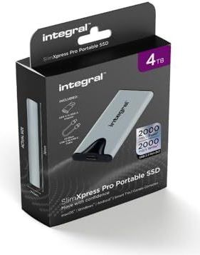 Integral SlimXpress Pro 4TB externe draagbare SSD-harde schijf: USB-C, 2000 MB/s lezen/schrijven, USB 3.2 Gen 2 x 2, compact, plug & play, compatibel met Mac, Windows-pc, Android, Xbox, PlayStation