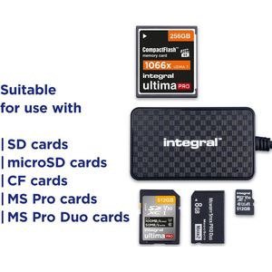 Integral - 4-in-1 Geheugenkaartlezer - USB 3.0 en USB C naar microSD SD Compact Flash MS Duo/Pro - Voor iPhone 15/16 Plus/Pro/Pro Max MacBook Pro/Air iPad PC laptop