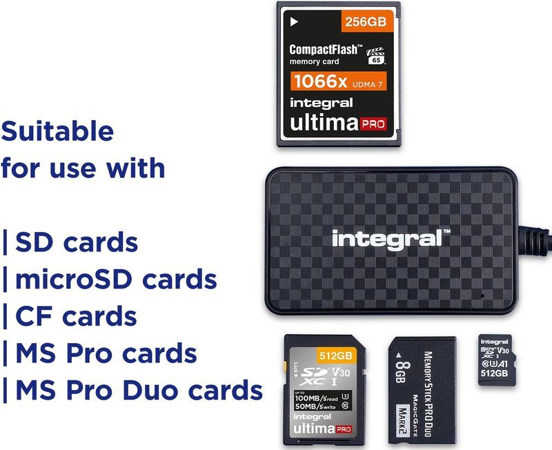 Integral - 4-in-1 Geheugenkaartlezer - USB 3.0 en USB C naar microSD SD Compact Flash MS Duo/Pro - Voor iPhone 15/16 Plus/Pro/Pro Max MacBook Pro/Air iPad PC laptop