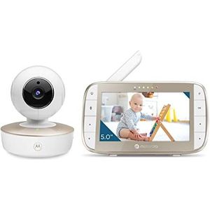Motorola Nursery VM50G Babyfoon Camera - 5 Inch Kleurendisplay Ouderunit - Slaapliedjes - Walkie talkie - Hooggevoelige Microfoon, Kantelen en Digitale Zoom - Nachtzicht, Wit/Goud