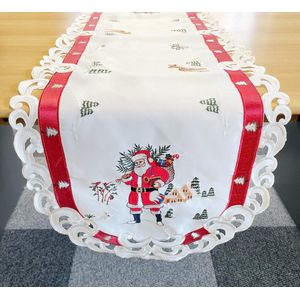 Tafelkleed - Kerst - Offwhite met rode rand en kerstman - Loper 130 cm