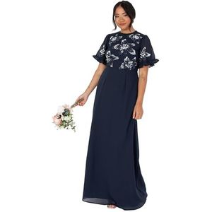 Maya Deluxe Maxi-jurk voor dames, korte engelenmouwen, ronde hals, bloemen, pailletten, verfraaid A-lijn voor bruiloftsgast, baljurk, Donkerblauw, 42