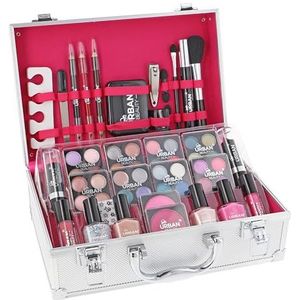 LOVE URBAN BEAUTY Veganistische Oogverblindende make-upkoffer – 60-delige make-up- en nagelset voor tieners - Elegante Zilveren Doos – Compact en lichtgewicht ontwerp – make-upset voor dames