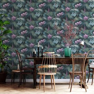 Vliesbehang - Tropische bloemenprint - groen-paars-blauw