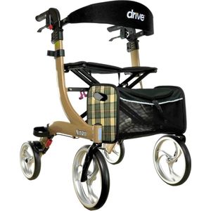 Rollator Nitro Medium - Champagne - 1.60m tot 1.80m - Opvouwbaar - Lichtgewicht - Weggewerkte remkabels - Belastbaar tot 130 kg - Grote voorwielen - Eenvoudig in hoogte verstelbaar - Inclusief rugsteun en stokhouder