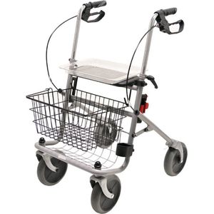 Opvouwbare rollator Cristallo - Stabiel en lichtgewicht - 9,1 kg - Anti-lek banden - Voor binnen en buiten - Inclusief mand, dienblad en stokhouder - Gebruikersgewicht tot 130 kg - Gebruikerslengte is 1,60m tot 1,95m