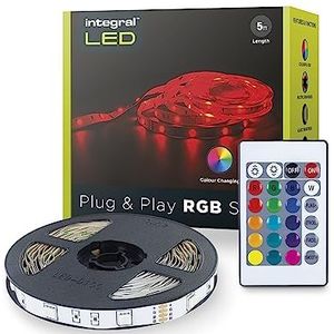 Integral 5 m RGB ledstrip voor binnen met EU-stekkeradapter en IR-controller, plug & play, kleurvariatie, instelbare intensiteit, kleur en helderheid instelbaar, zelfklevend ledlicht