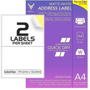 2 etiketten per A4-vel, 50 vellen 100 plakkerig label, afdrukbaar stickerpapier, iSoul mat zelfklevend adres mailing, verzending, verzending, laser- en inkjetprinter compatibel [Sneldrog]