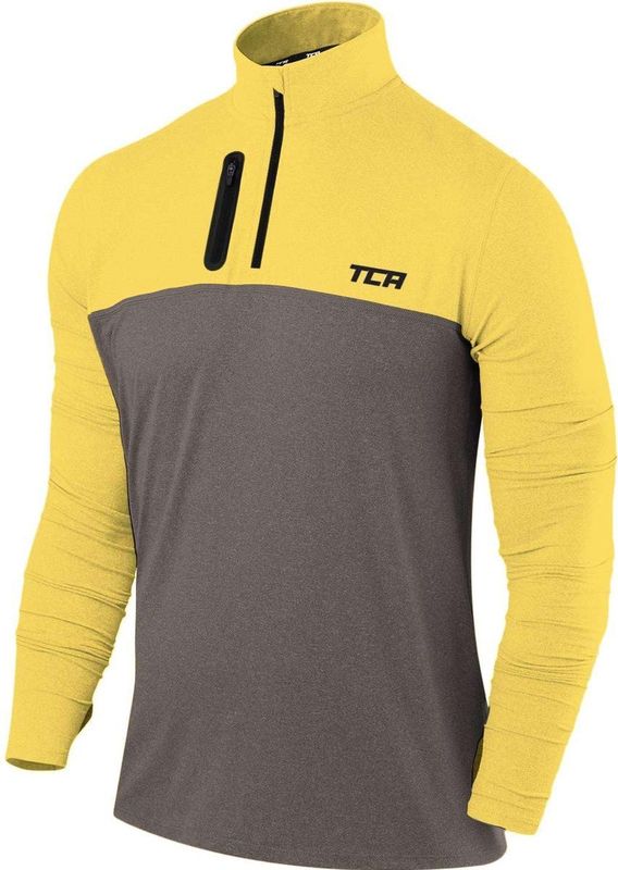 TCA - Sportshirt - Donkergrijs/Geel - Heren - Lange Mouw - Sneldrogend Fietsshirt - Hardloopshirt met Voorzak